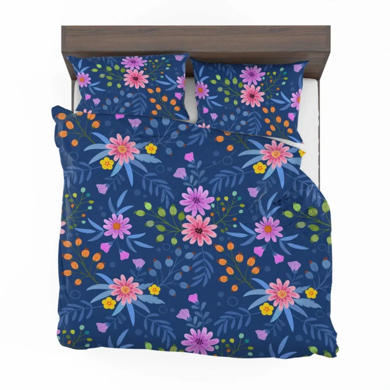 Pink Purple Hand Drawn Flowers On Blue Bedding Set 2