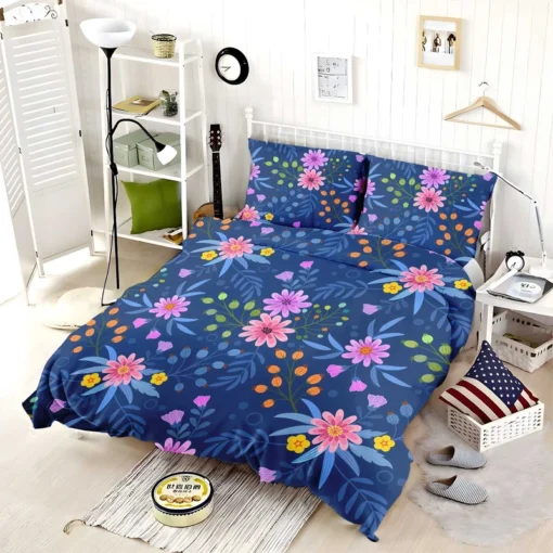 Pink Purple Hand Drawn Flowers On Blue Bedding Set