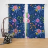 Pink Purple Hand Drawn Flowers On Blue Curtain