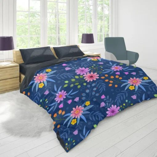 Pink Purple Hand Drawn Flowers On Blue Duvet Cover 1