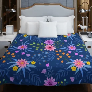 Pink Purple Hand Drawn Flowers On Blue Duvet Cover