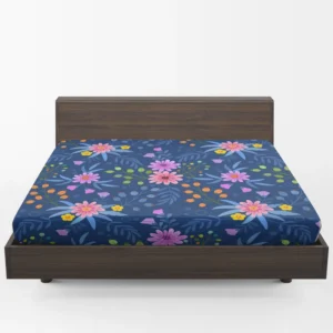 Pink Purple Hand Drawn Flowers On Blue Fitted Sheet 1