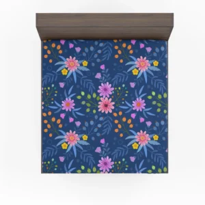 Pink Purple Hand Drawn Flowers On Blue Fitted Sheet