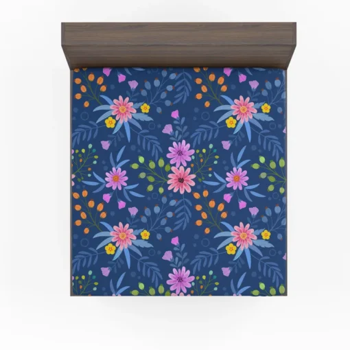 Pink Purple Hand Drawn Flowers On Blue Fitted Sheet