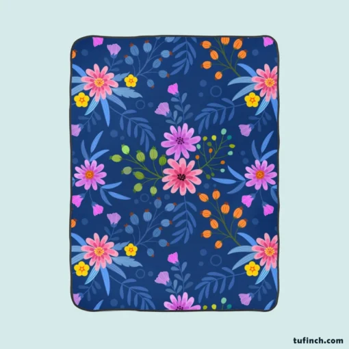 Pink Purple Hand Drawn Flowers On Blue Fleece Blanket 1