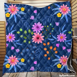 Pink Purple Hand Drawn Flowers On Blue Quilt Blanket