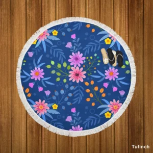 Pink Purple Hand Drawn Flowers On Blue Round Beach Towel