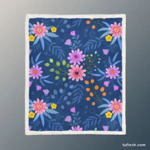 Pink Purple Hand Drawn Flowers On Blue Sherpa Fleece Blanket 1