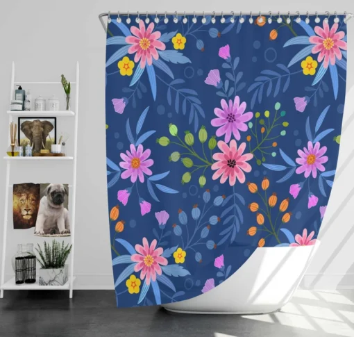 Pink Purple Hand Drawn Flowers On Blue Shower Curtain