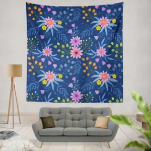 Pink Purple Hand Drawn Flowers On Blue Wall Tapestry