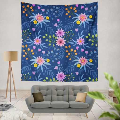 Pink Purple Hand Drawn Flowers On Blue Wall Tapestry