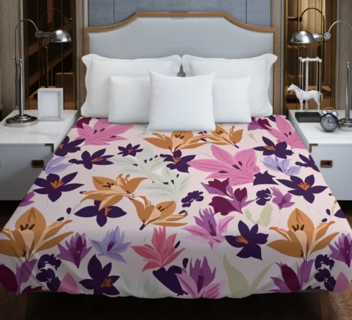 Pink Purple Lily Flowers Duvet Cover