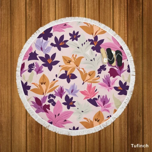 Pink Purple Lily Flowers Round Beach Towel