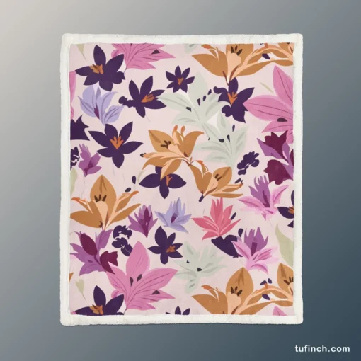 Pink Purple Lily Flowers Sherpa Fleece Blanket 1