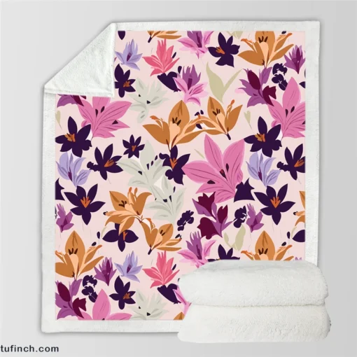 Pink Purple Lily Flowers Sherpa Fleece Blanket