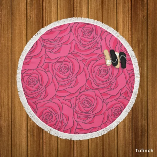 Pink Rose Flowers Round Beach Towel