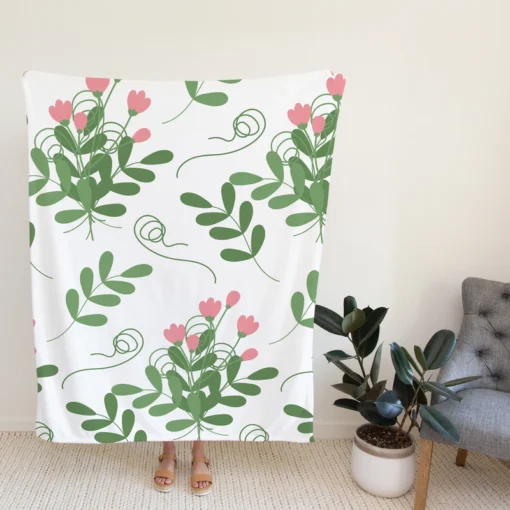 Pink Twig Floral Pattern Fleece Blanket