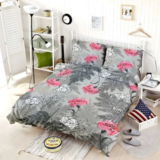 Pink White Carnation Toile Bedding Set