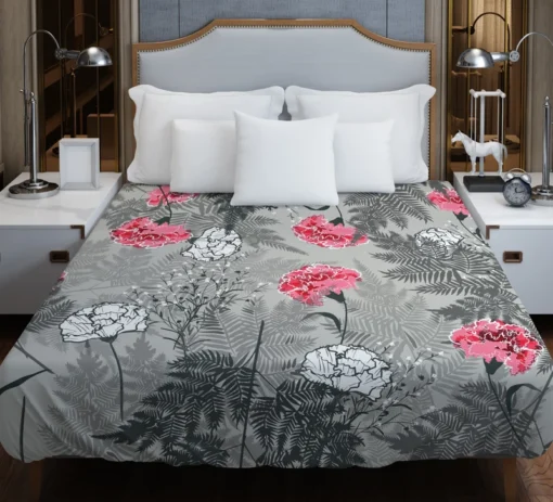 Pink White Carnation Toile Duvet Cover