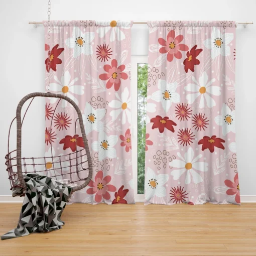 Pink White Maroon Flower Pattern Curtain