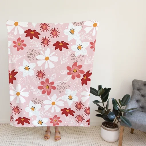 Pink White Maroon Flower Pattern Fleece Blanket