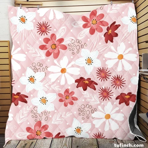 Pink White Maroon Flower Pattern Quilt Blanket