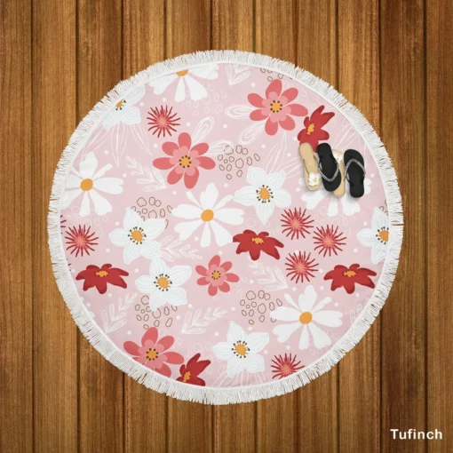 Pink White Maroon Flower Pattern Round Beach Towel