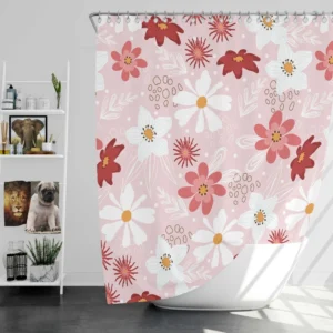 Pink White Maroon Flower Pattern Shower Curtain