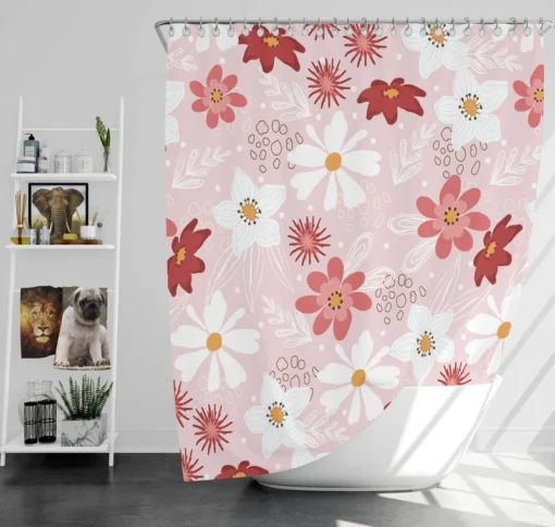 Pink White Maroon Flower Pattern Shower Curtain