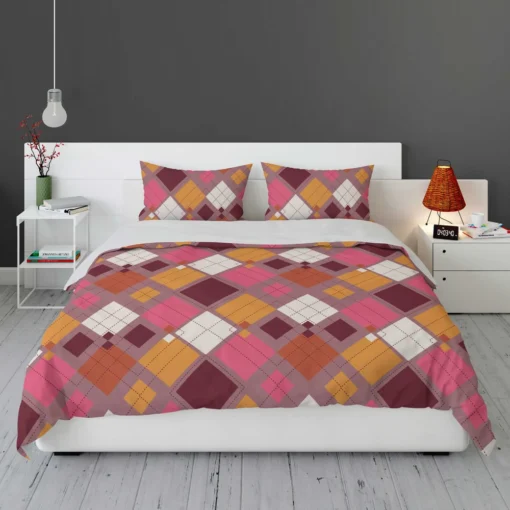 Pink Yellow Brown Purple Argyle Plaid Pattern Bedding Set 1