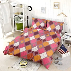 Pink Yellow Brown Purple Argyle Plaid Pattern Bedding Set