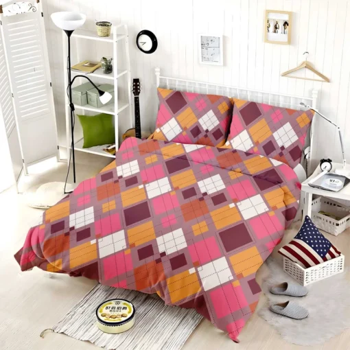 Pink Yellow Brown Purple Argyle Plaid Pattern Bedding Set