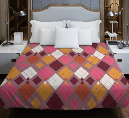 Pink Yellow Brown Purple Argyle Plaid Pattern Duvet Cover