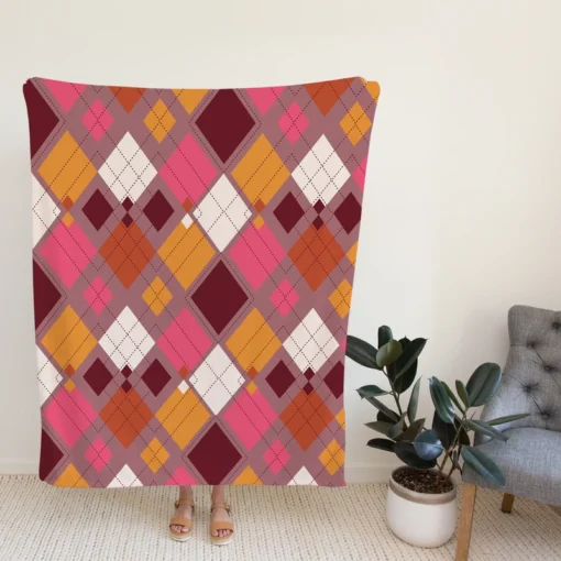 Pink Yellow Brown Purple Argyle Plaid Pattern Fleece Blanket