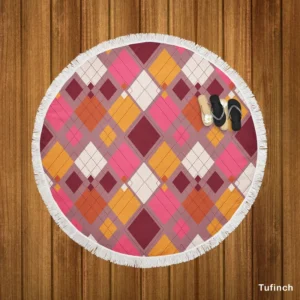 Pink Yellow Brown Purple Argyle Plaid Pattern Round Beach Towel