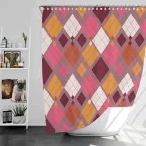 Pink Yellow Brown Purple Argyle Plaid Pattern Shower Curtain