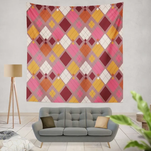 Pink Yellow Brown Purple Argyle Plaid Pattern Wall Tapestry