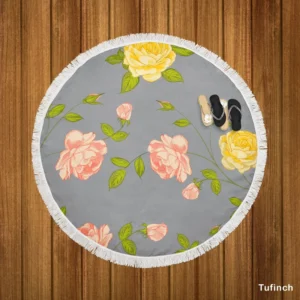 Pink Yellow Roses Vintage Pattern Round Beach Towel