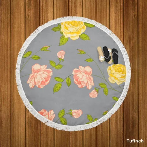 Pink Yellow Roses Vintage Pattern Round Beach Towel