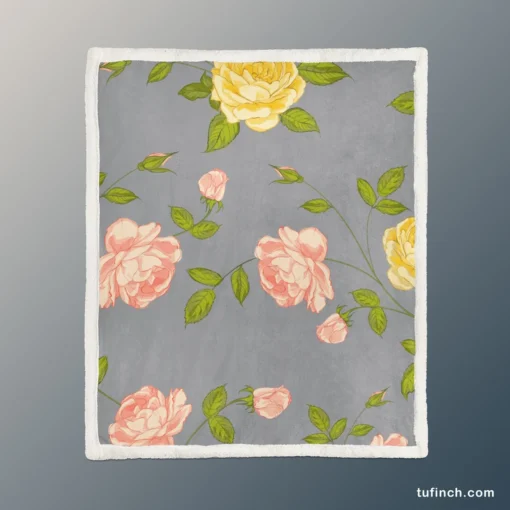 Pink Yellow Roses Vintage Pattern Sherpa Fleece Blanket 1