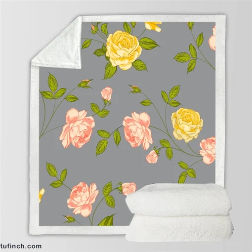 Pink Yellow Roses Vintage Pattern Sherpa Fleece Blanket