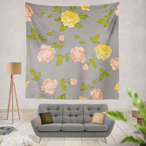 Pink Yellow Roses Vintage Pattern Wall Tapestry