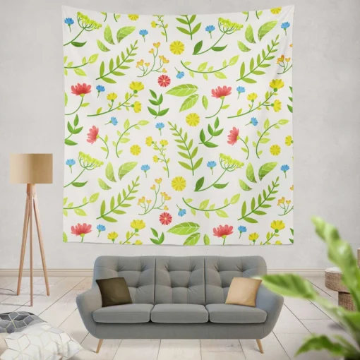 Pink Yellow Small Flowers Spring Pattern Wall Tapestry