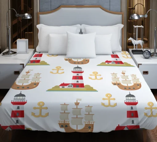 Pirate Ship Lighthouse Anchor Pattern Duvet Cover