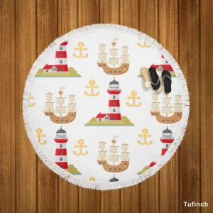 Pirate Ship Lighthouse Anchor Pattern Round Beach Towel