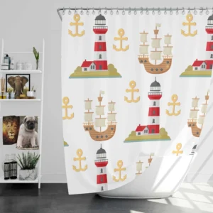 Pirate Ship Lighthouse Anchor Pattern Shower Curtain