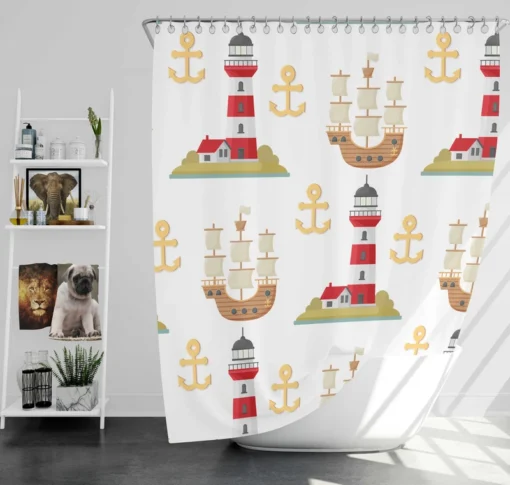 Pirate Ship Lighthouse Anchor Pattern Shower Curtain