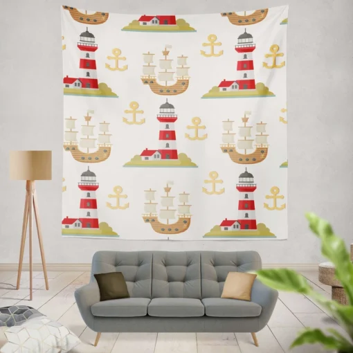 Pirate Ship Lighthouse Anchor Pattern Wall Tapestry