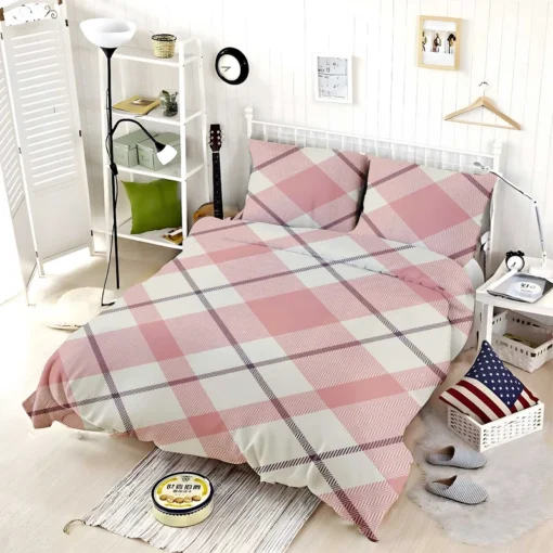 Plaid Check Pattern In Pastel Pink Faded Bedding Set