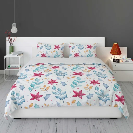 Poinsettia Flowers Holly berry Leaves Bedding Set 1